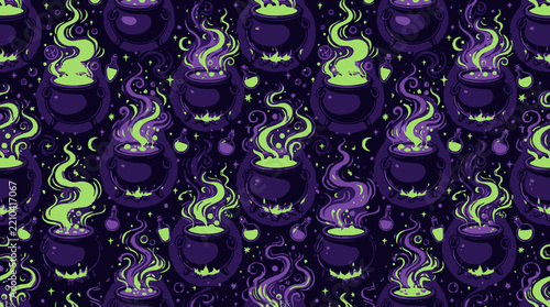 Bubbling cauldrons with green potion and smoke, magical elixir.