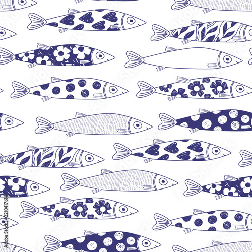 Cute doodle painted sardines seamless patten. Portugal background. Vector illustration