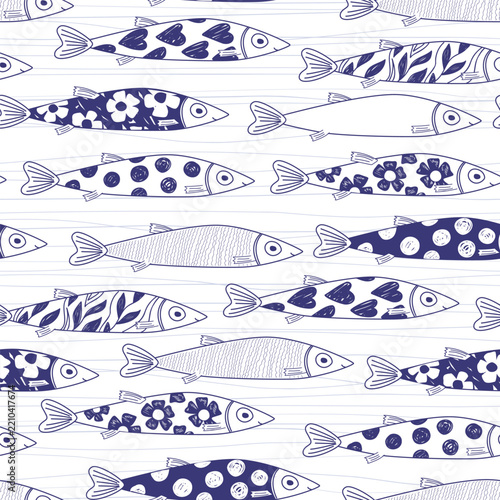 Cute doodle painted sardines in ocean waves seamless patten. Portugal background. Vector illustration.