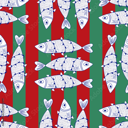 Seamless Pattern of funny Sardines wrapped in Christmas lights on red and green striped background. Holiday fish background, vector illustration.