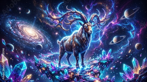 Cosmic goat standing on colorful crystals in a galaxy setting  