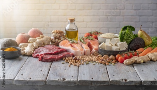 Healthy assorted keto and mediterranean diet foods on wooden table