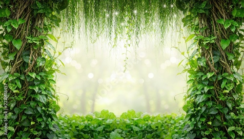 Lush foliage archway with hanging green vines.