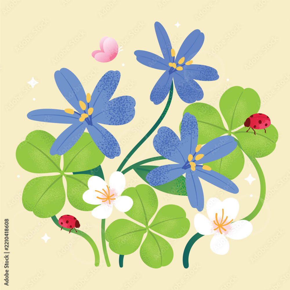 Fototapeta premium Blue Spring Flower Bouquet Vector Illustration Featuring Tiny Ladybug, Four Leaf Clovers, White Daisies and Bright Green Leaves on Warm Cream Background