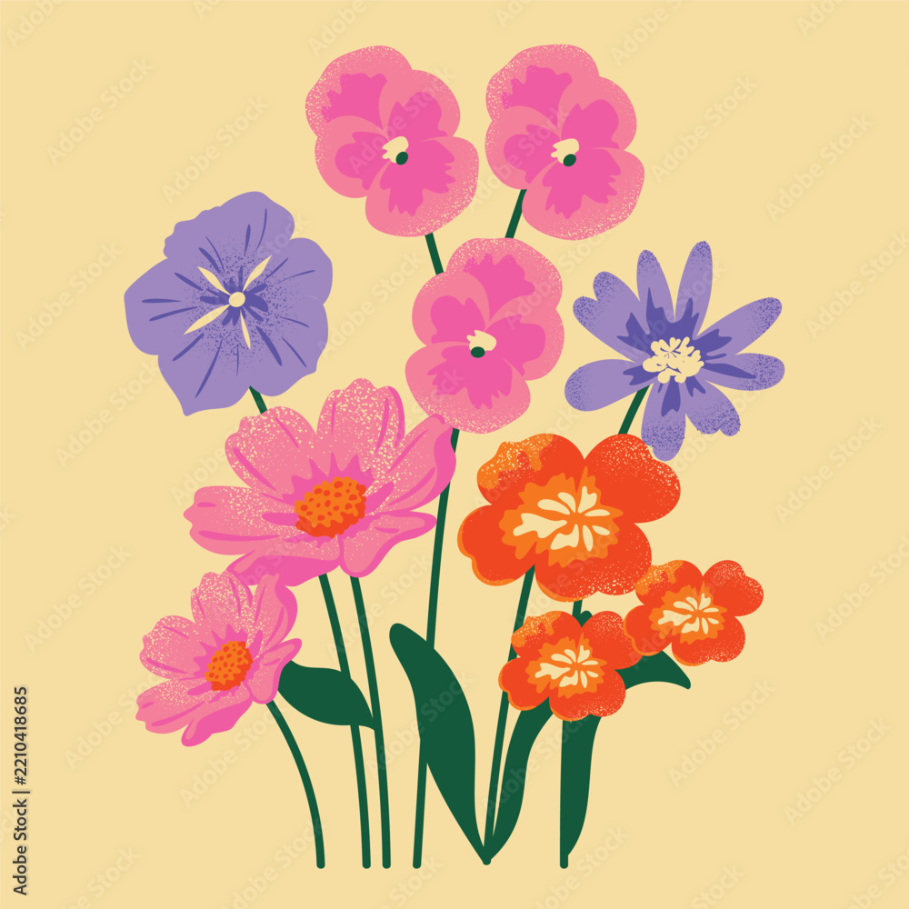 Naklejka premium Colorful Wildflower Bouquet Vector Illustration Featuring Pink Cosmos, Orange Blossoms, Purple Garden Flowers and Green Stems in Playful Retro Botanical Arrangement on Warm Yellow Background