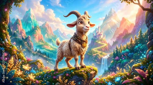 Playful goat standing on a hilltop in a vibrant fantasy landscape  