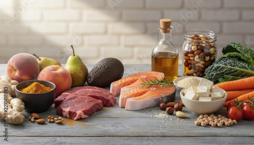 Variety of fresh healthy ingredients on wooden table