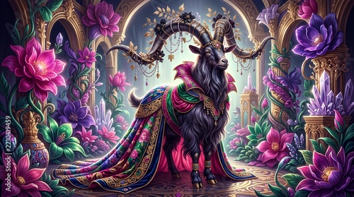 Colorful goat adorned with lavish robe in a floral fantasy setting  