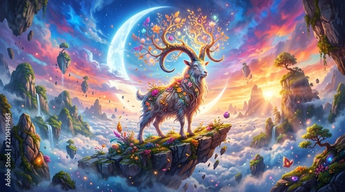 Colorful mythical deer standing on a rock with a cosmic background  goat