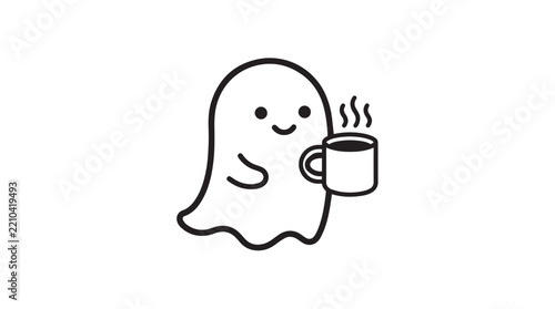 Cute little ghost holding steaming coffee cup vector illustration in minimalist black and white line art style