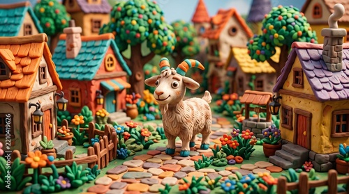 Goat character standing in a colorful village made of clay  