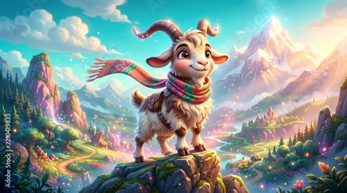 Cute goat standing on rock with scarf in a colorful mountain landscape  