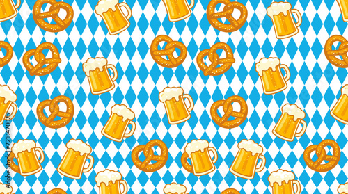Oktoberfest beer mugs and pretzels pattern on blue and white Bavarian rhombus background.