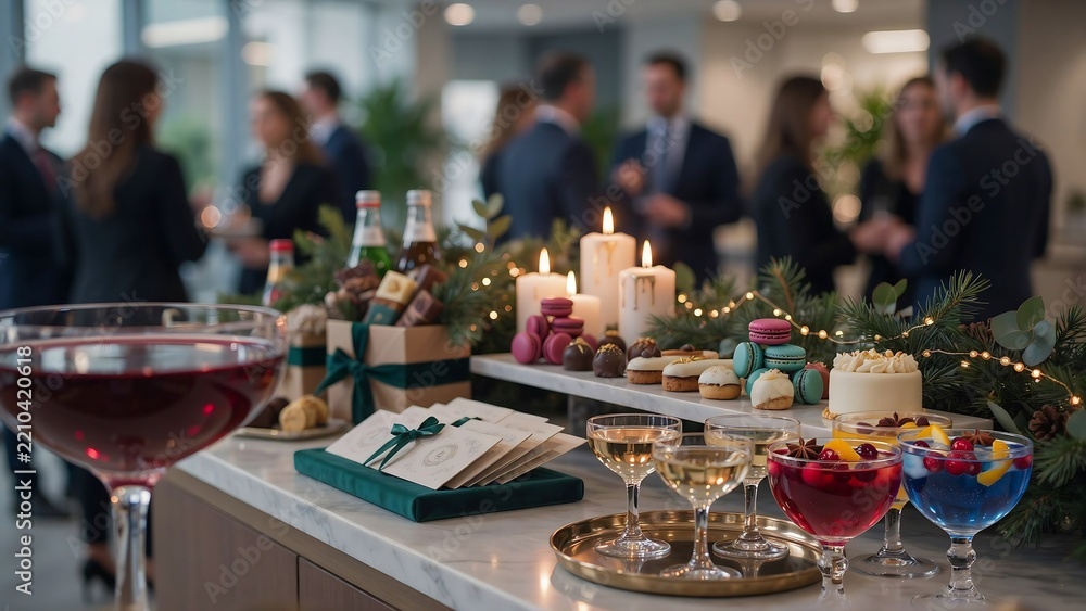 Obraz premium Corporate holiday party buffet with festive cocktails and desserts