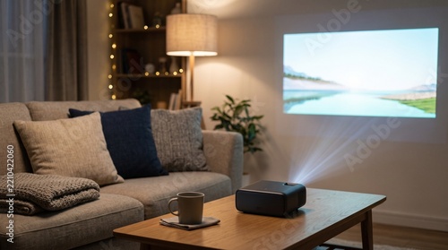 Modern home theater projector displaying nature movie on white wall in cozy living room with sofa, highlighting entertainment and interior setup