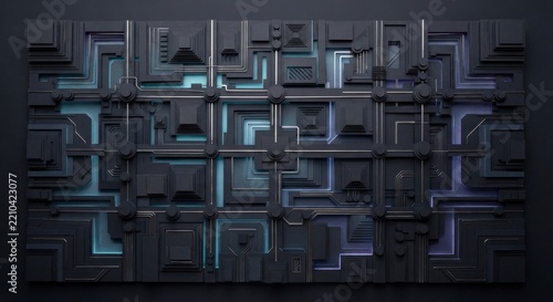 A dark textured industrial panel with subtle glowing blue lines, creating a mysterious and secure environment for modern technological wallpapers and corporate banners.   