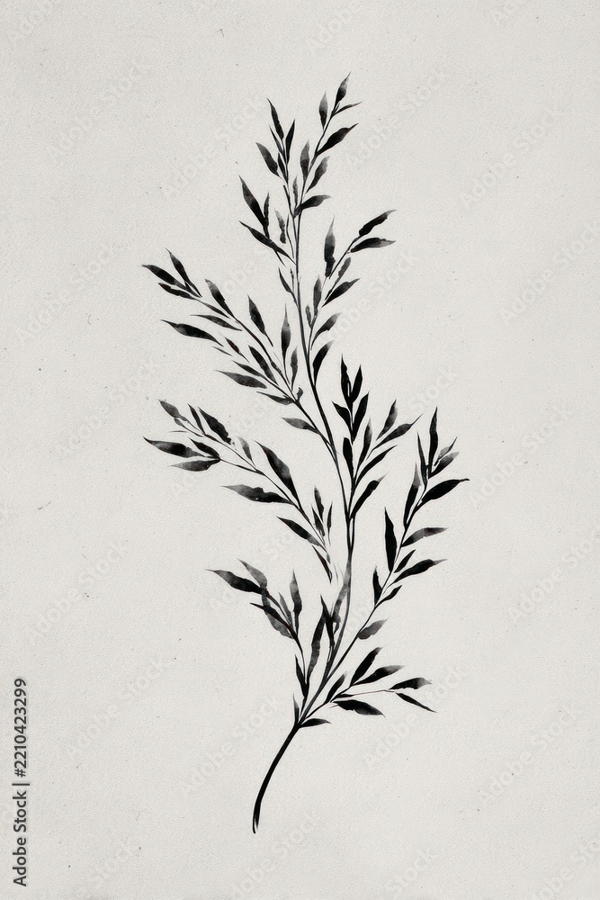 Obraz premium Monochrome illustration of a delicate leafy branch on a plain background.