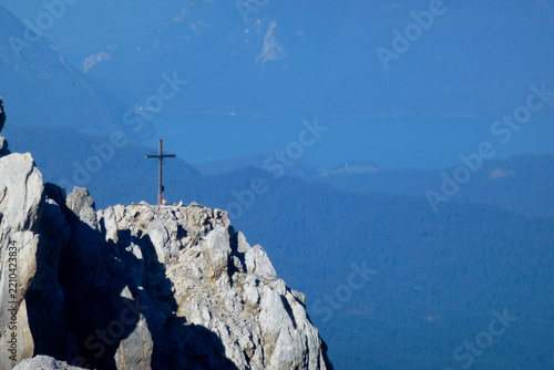 Summit cross Partenkirchner Dreitorspitze mountain, Garmisch-Partenkirchen, in Bavaria, Germany