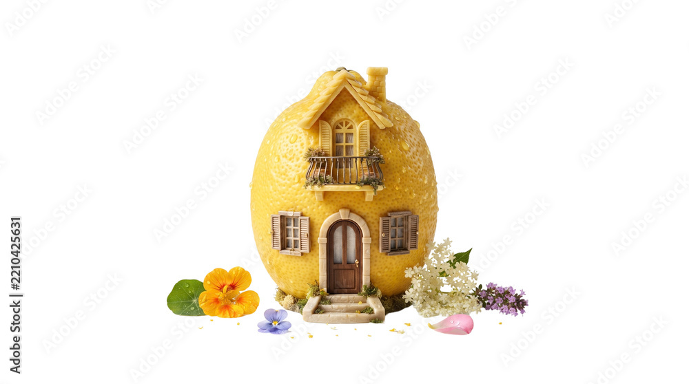 Obraz premium Miniature lemon house cottage, whimsical fantasy fruit home with balcony and shutters, creative citrus food art isolated on white