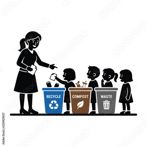 Teacher guiding children in sorting waste for recycling and composting.