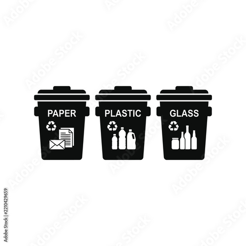 Three Recycling Bins Labeled Paper Plastic Glass.
