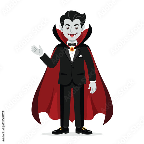 Friendly cartoon vampire character wearing a black suit and red cape waving hello.