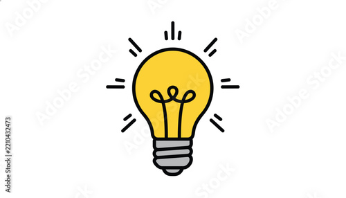 Single glowing yellow light bulb with radiant lines and a curly filament is centered on a clean white background.