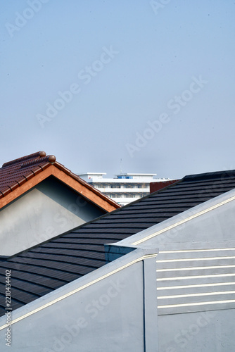 Fotografie White Building Behind Residential Roofs Under Clear Sky
A Modern white building stands in the background behind residential house rooftops against a clear blue sky for urban development