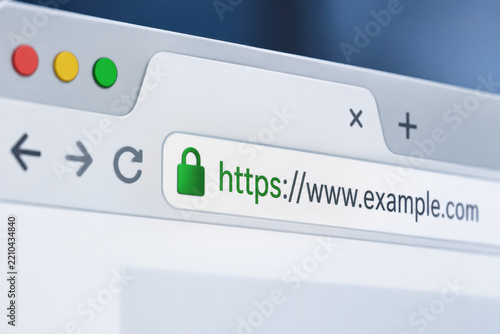 Internet browser address bar with green security lock icon and https URL indicating secure website connection cybersecurity concept 3D illustration