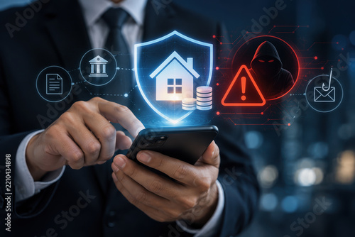 Escrow wire fraud alert and real estate financial security cyber threat detection system businessman holding smartphone with glowing house protection warning icons fraud prevention