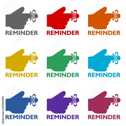 Reminder finger sign icon isolated on white background. Set icons colorful