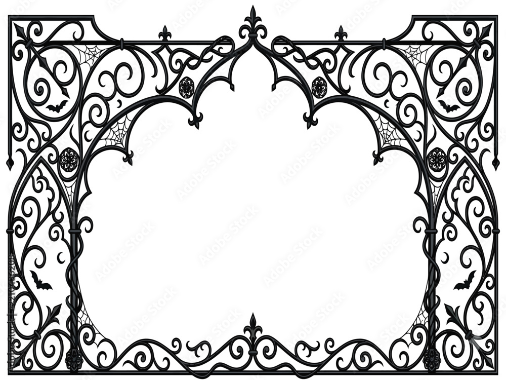 Obraz premium Web Halloween Gothic Wrought Iron Border Vector – Victorian Black Metal Frame, Spider Web & Ornate Archway Design