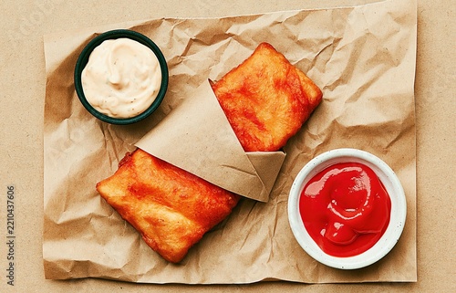 a breaded fish fillet presented in a to-go fashion from a fast casual establishment; two sides; a ketchup and a tartar sauce