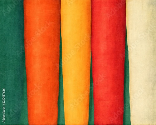an abstract painted piece resembling carrots in various shades, peeled against a warm hunter green background