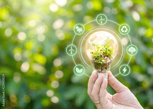 A hand holds a glowing light bulb, symbolizing clean energy, recycling, and environmentally friendly, sustainable energy.