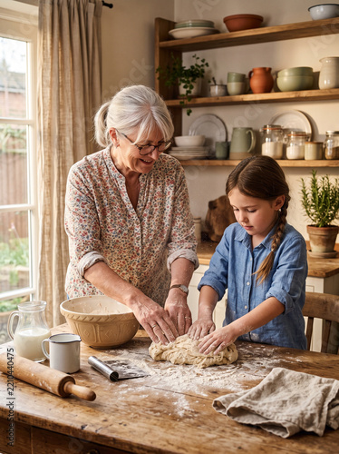 Vertical photo of a grandmother and granddaughter kneading dough on a rustic wooden table. Family baking homemade pastry in the kitchen. Simple living and domestic lifestyle concept