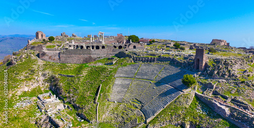 Aerial drone shooting of ancient city of Pergamon acropolis. Izmir - Turkey