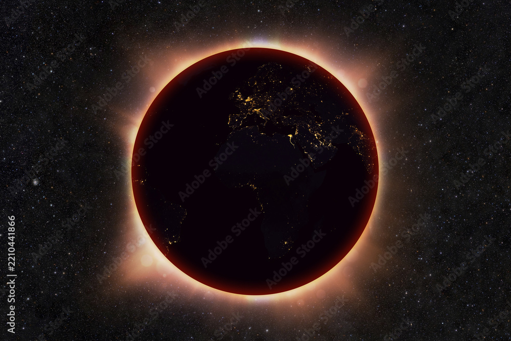 Fototapeta premium Total solar eclipse over planet Earth view from space with glowing bright corona edge, city lights on night surface, dark continents, deep space starry sky background, universe astrophysics concept.