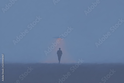 A man standing in the middle of a foggy field with a ufo hovering above him. the sky is visible in the background and there is a watermark on the .