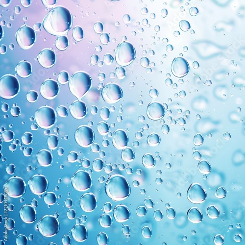 Translucent water droplets scattered across a soft blue and pink gradient surface