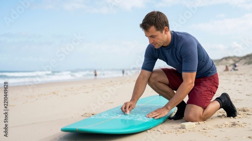 Surfer applying wax to surfboard on sandy beach. Athlete preparing surf board for riding ocean waves. Water sports and seaside leisure concept