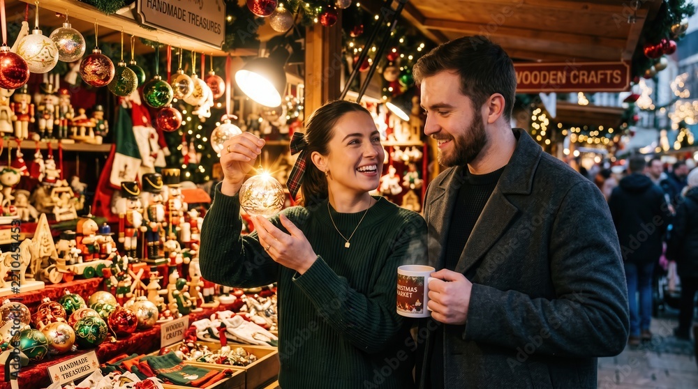 Obraz premium Happy young couple holding glowing ornament at a festive Christmas market stall, capturing romantic holiday magic and seasonal warmth for winter tourism promotion and marketing.