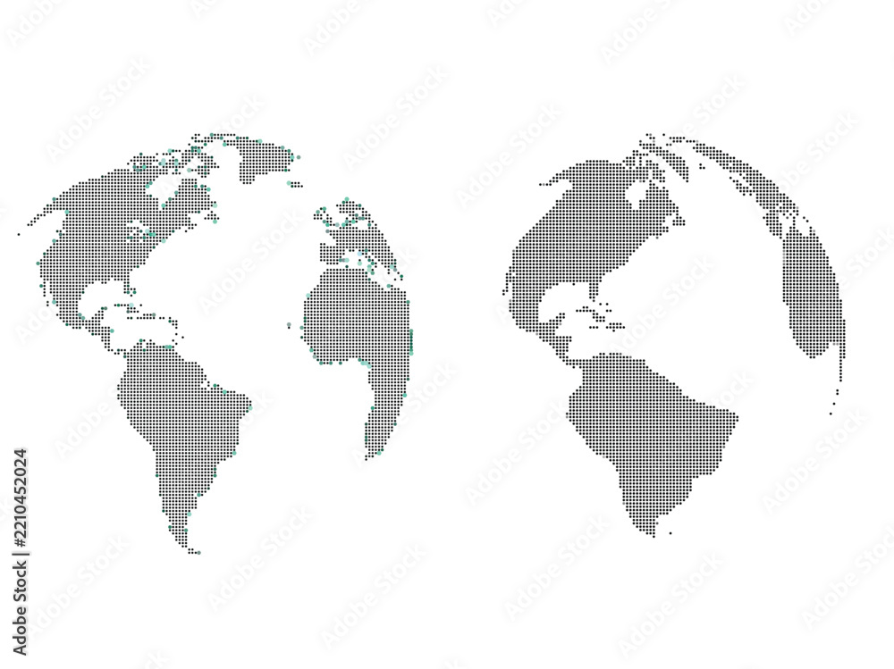Obraz premium World map hemispheres composed of dots; showing continents in a minimalist design