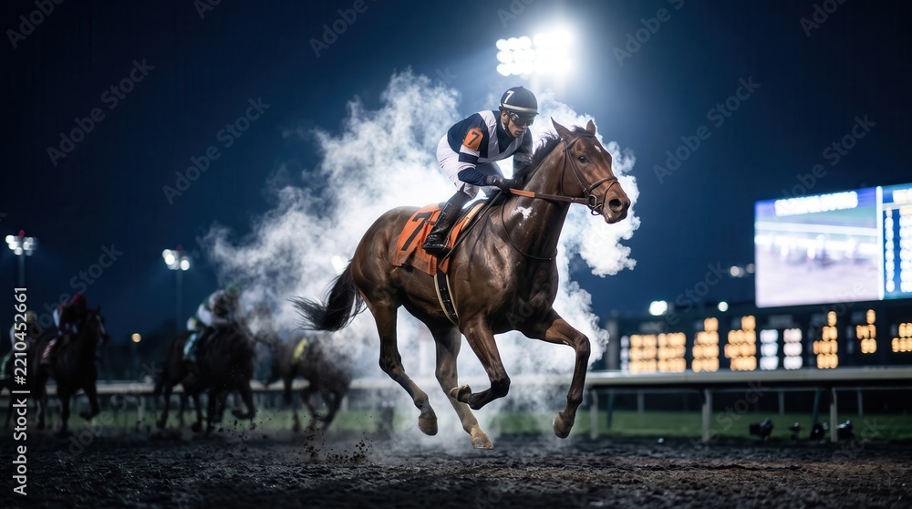 Fototapeta premium Jockey riding a thoroughbred horse in a night race under bright floodlights on a dirt track, capturing high-speed drama and intense competition for sports betting and gambling marketing.