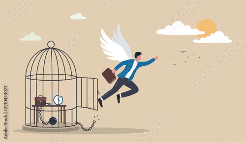 Courage escape freedom comfort mind fly away for better life, hope and liberty concept, courage businessman escape from bird cage jump away