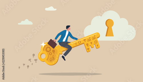 Discover key success, unlock secret creativity achieve business target, leadership motivation find to opportunity concept, smart businessman riding flying golden key discover success keyhole
