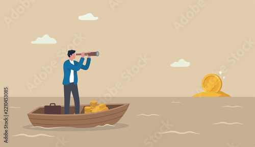 Financial planning target, vision and strategy financial freedom retirement saving goal concept, businessman salary man investor riding the boat using telescope to see far golden money coin