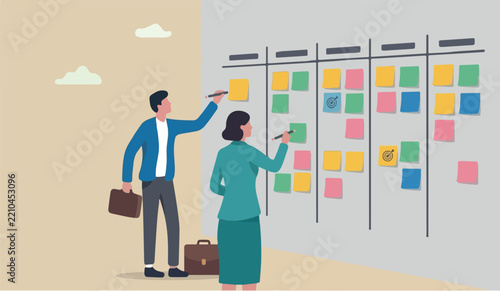 Business brainstorming meeting set target get solution to solve problem or scrum agile method concept, businessman and woman coworkers, colleagues holding pencil with sticky notes on the wall