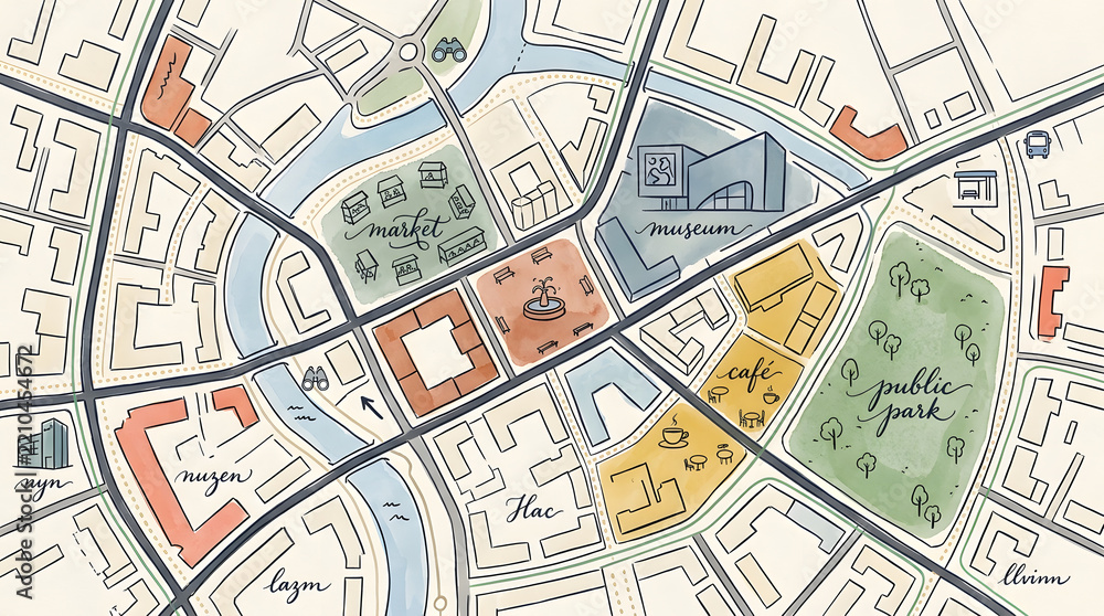 Obraz premium Hand drawn city walking map with park museum and market locations