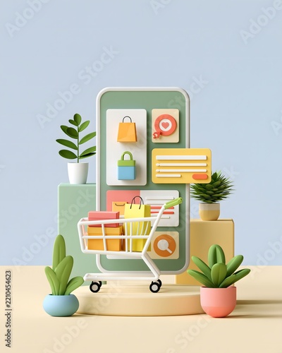 Mobile shopping experience with smartphone displaying curated products, shopping cart and personalized recommendations, modern lifestyle setting, bright premium ecommerce advertising aesthetic